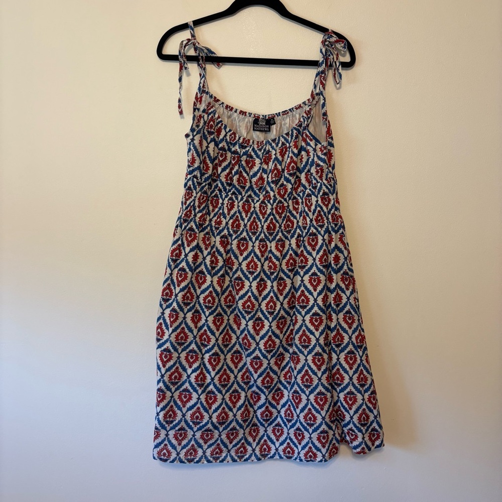 Madison Mathews Vibrant Red and Blue Blockprint Mini Dress